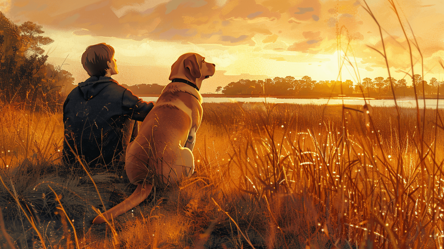 A person sitting beside their companion in a golden field at sunset