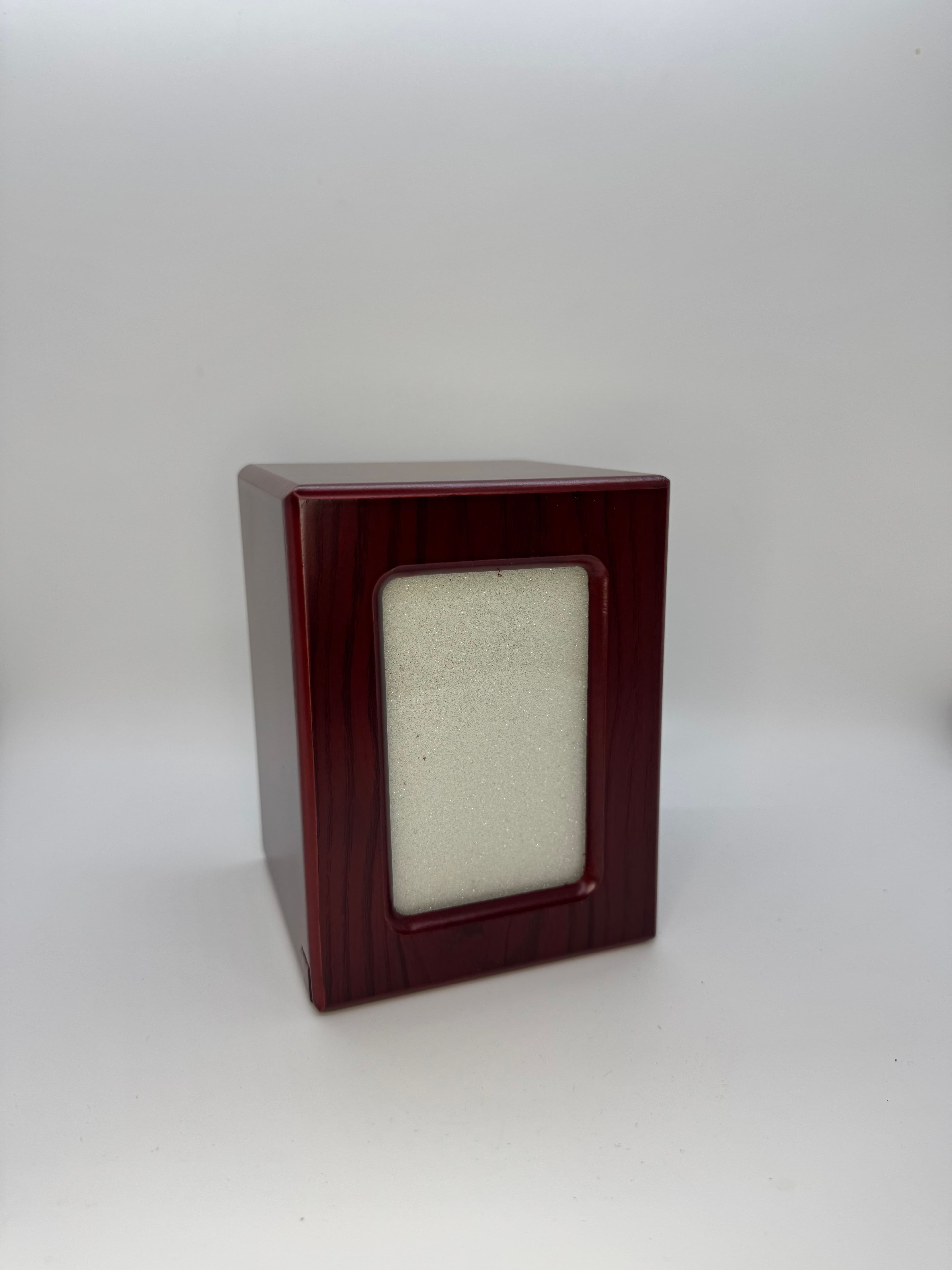 Cherry-finish MDF urn with photo frame window.